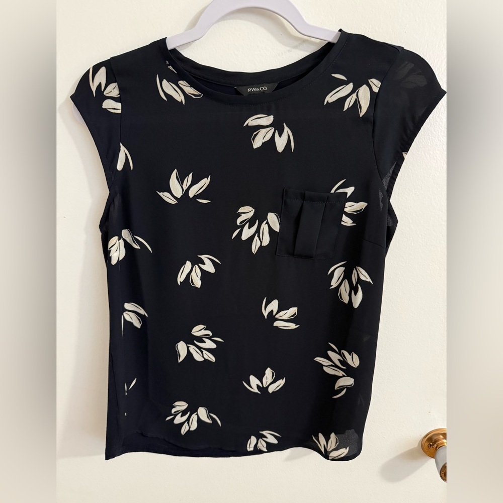 RW&CO. Black Top with White Leaf Pattern